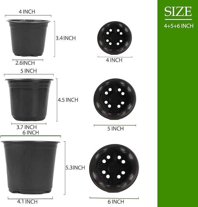 100 Packs Plastic Nursery Pots, 4 5 6 Inches Pots for Plants with Drainage Holes, Plants containers for Seedlings, Succulents, Transplanting (100, 4 5 6 Inch)