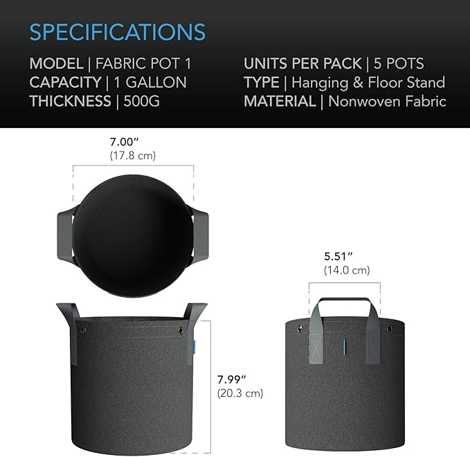 AC Infinity Heavy Duty Fabric Pots, 1 Gallon Aeration Reusable Grow Bags 5-Pack with 500G Thick Nonwoven Fabric and Multi-Purpose Rings, for Low Stress Plant Training Fruits, Vegetables, and Flowers