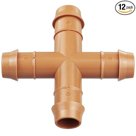 12-Pack Drip Irrigation Barbed Cross Connectors, 1/2 Inch Drip Line 4 Way Couplings for 1/2" Drip Irrigation Tubing, Barbed 4-Way Connectors for Drip Irrigation Watering System