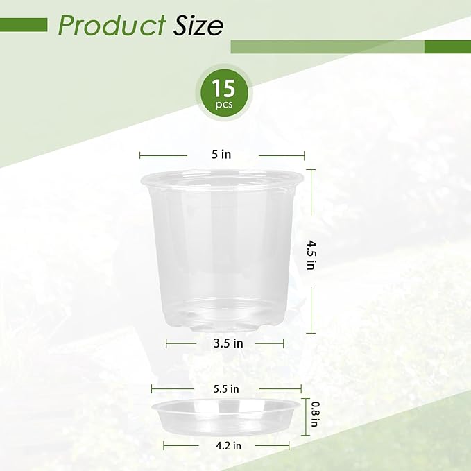 4/5/6/7 Inch Clear Nursery Pots for Plants with Sacuers 15 Pack, Plastic Flower Pots with Drainage Holes, Variety Pack Seedlings Garden Pot for Indoor Outdoor (5 inch)