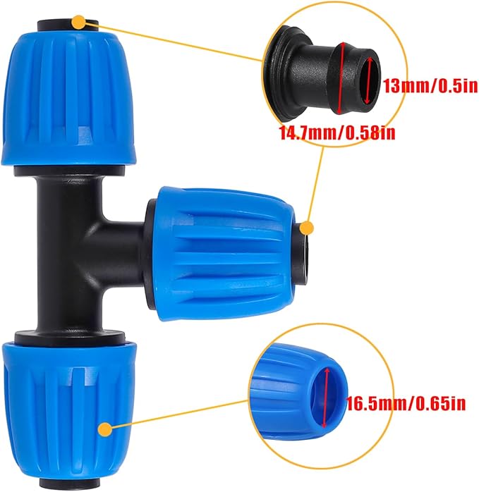 1/2" Drip Irrigation Lock Barbed Tee Connectors 1/2 inch PE Tubing (OD 0.620 in.ID is 0.520. in), Anti-Drop Straight Tee For Irrigation Tubing Fittings （8 Pcs Blue）