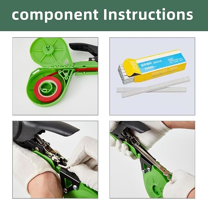 Suca Plant Tying Machine, Lightweight Plant Tying Tape Tool to Tie Up Vine Quickly, Plant Tie Tapener Gun with Tapes and Staples Green