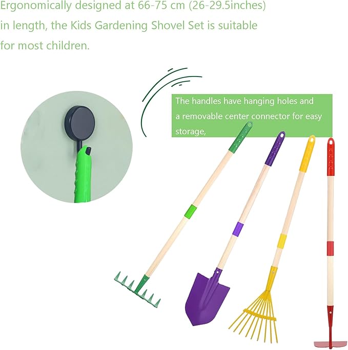 Kids Gardening Tool Set - 4 Piece Garden Tool Set for Parent-Child Outdoor Activities, Children's Fun, Gardening Hand Tools, Shovels, Rakes, Hoes，Best Gift for Boys Girls