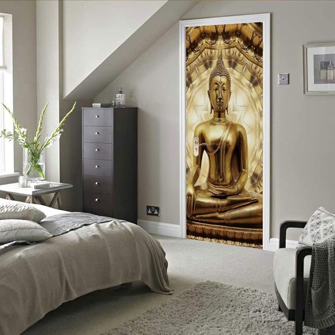3D Buddha Statue Door Stickers - Peel and Stick Murals, Self-Adhesive Wallpaper Decals, Removable PVC Waterproof Poster for Bedroom Living Room 30.3" x 78.7"