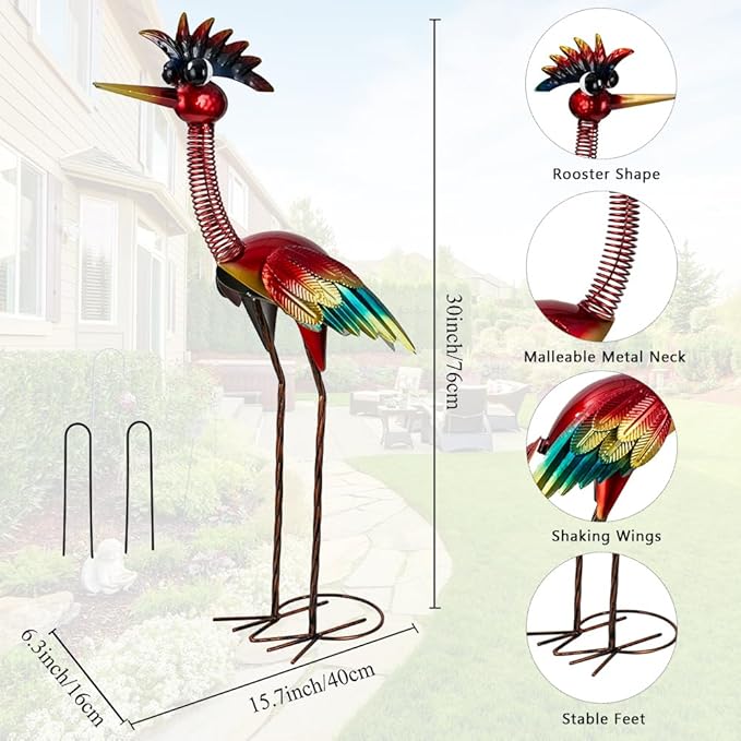 DREAMSOUL 30" Tall Wacky Metal Rooster Garden Statues, Funny Chicken Outdoor Statues Red Rooster Statue for Garden Patio Art Decor