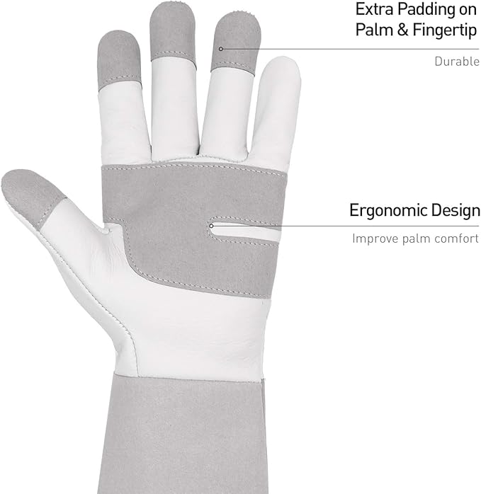 HANDLANDY Long Gardening Gloves for Men & Women, Thorn Proof Rose Pruning Gloves Leather Gauntlets Garden Gloves Yard Work Gloves (Small, Grey)