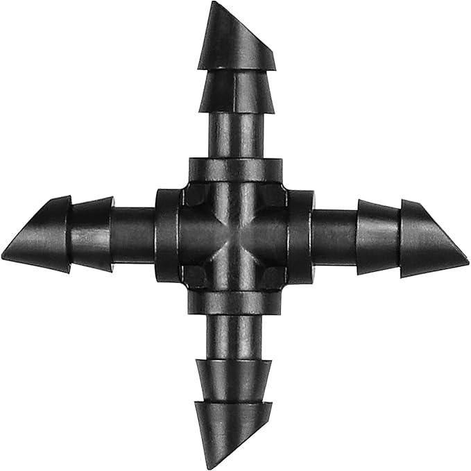 Drip Irrigation Cross Fittings：45 Pieces Barbed 4-Way Cross Irrigation Parts with Sharp End Fits for 1/4 Inch Drip Irrigation Tubing Drip Line Cross Tee Connectors for Garden Lawn