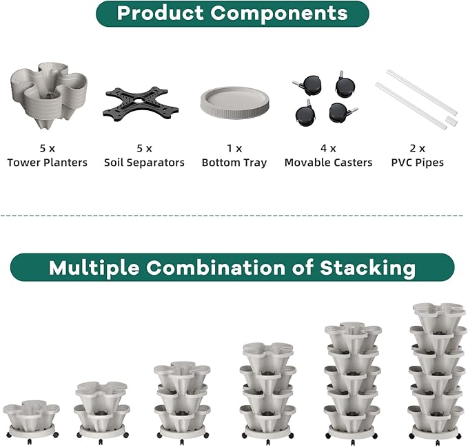 Strawberry Vertical Planter GardenTower, 5 Tiered Stackable Planter with Support Pole, Stacking Herb Vegetable Planters Indoor and Outdoor - Light Grey