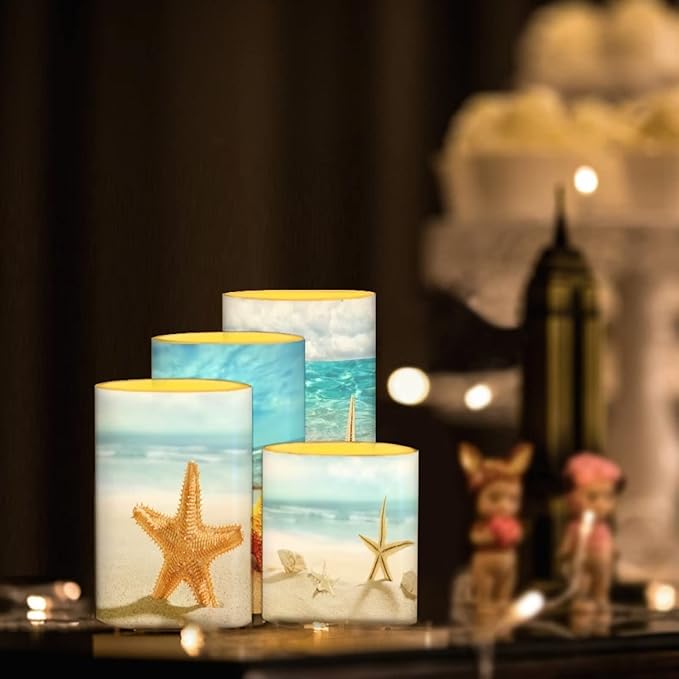 LED Flickering Candles Battery Operated Candles Set of 4 with Remote Control Timer Dancing Flame Pillar Candles Home Table Coastal Decoration, Beach Coastal