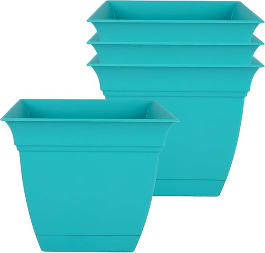 The HC Companies 6 Inch Eclipse Square Planter with Saucer – Indoor Outdoor Plant Pot for Flowers Vegetables Herbs, Teal (Pack of 4)