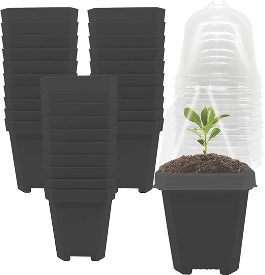 EBaokuup 30PCS Plant Nursery Pots with Humidity Dome, Small Plastic Square Flower Pot Planting Container, Plastic Gardening Pot