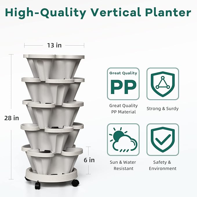 Strawberry Vertical Planter GardenTower, 5 Tiered Stackable Planter with Support Pole, Stacking Herb Vegetable Planters Indoor and Outdoor - Light Grey