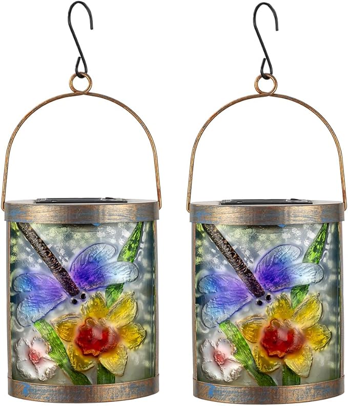 2 Pack Dragonfly Hanging Solar Lanterns Outdoor Waterproof Decorative Glass LED Solar Lantern for Tabletop Garden Patio Decor