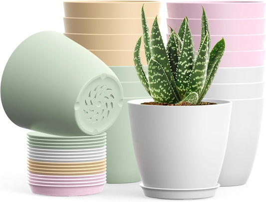 16 Pack 4 Inch Plant Pots with Drainage Holes and Saucers, Pots for Plant Indoor, Plastic Planters for Succulents and Small Plants, Colorful