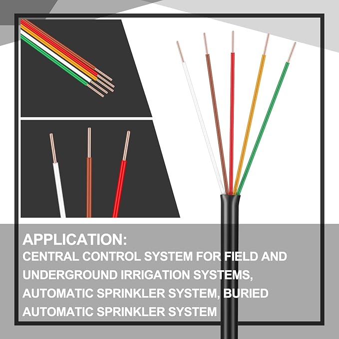 Hoolerry Solid Sprinkler System Wire 18 Gauge Irrigation Wire with UV Resistant PVC Jacket Sprinkler Cable for Underground Irrigation Field Central Control System 30v Ul Listed(18/5, 100 Ft)