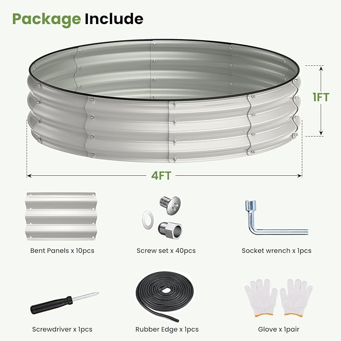 4x4x1 FT Galvanized Raised Garden Bed, Large Round Raised Garden Beds Outdoor Raised Planter Box, Raised Beds for Gardening Vegetables Flower Herb(Pearl White)
