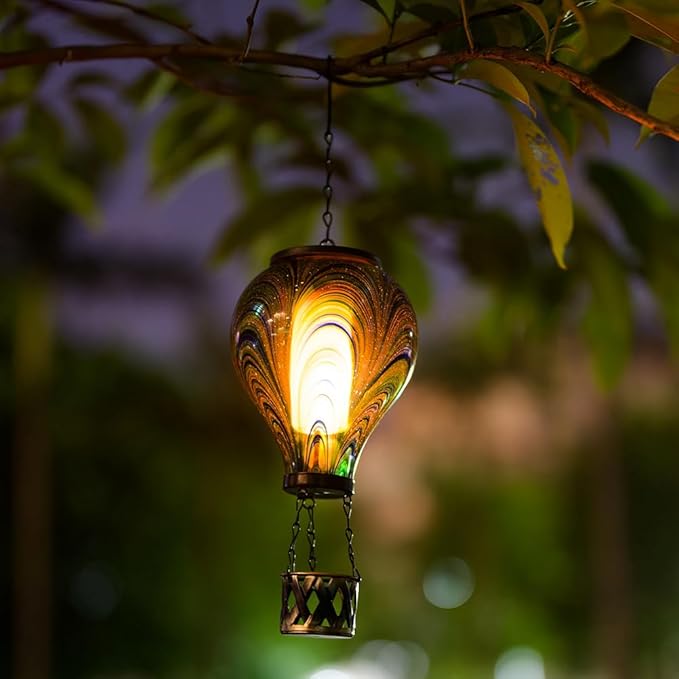 Starsoul Hot Air Balloon Solar Lantern Flickering Flame Light Tie-Dye Style Glass Solar Powered Hot Air Balloon Lamp Hanging Outdoor Lantern Waterproof Decor for Patio, Garden, Porch