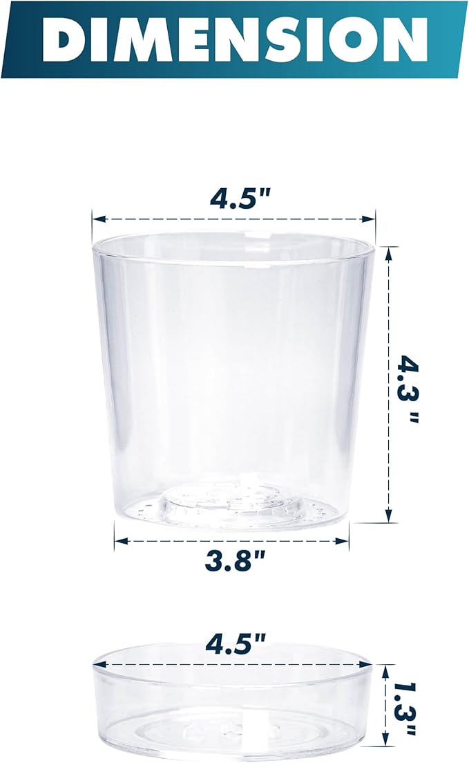 Phoenix Vine 4.5 Inch Clear Acrylic Planter Pot with Tray, Orchid Pot with Drainage Holes, Deep Saucer for Bottom Watering, Transparent Containers for Indoor Plants, Herbs, Set of 1, 91-A-E-1