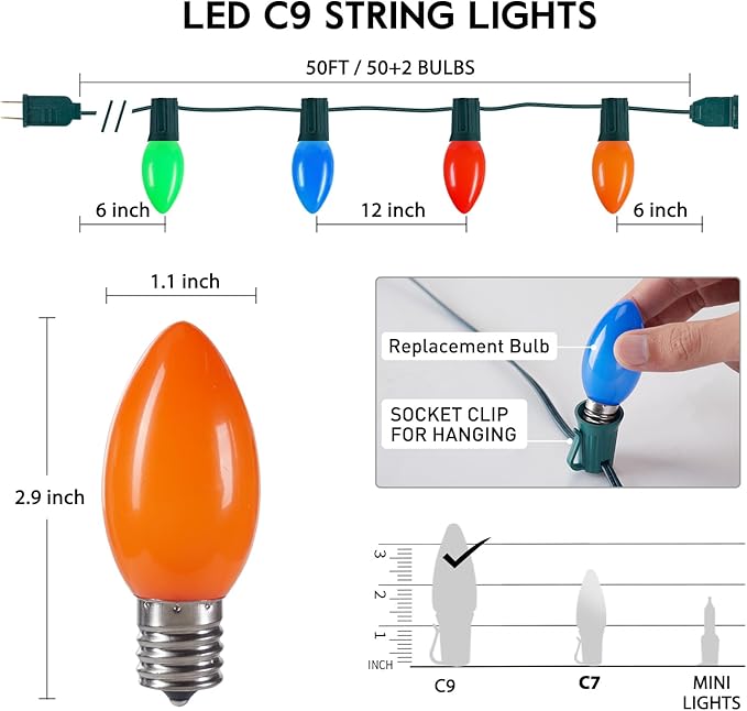 Vintage C9 LED Christmas Lights Outdoor Multicolor, 50 Feet C9 String Lights for Christmas Tree Roofline Holiday Party Indoor Outdoor Garden Patio Backyard Cafe Xmas Decoration, Green Wire