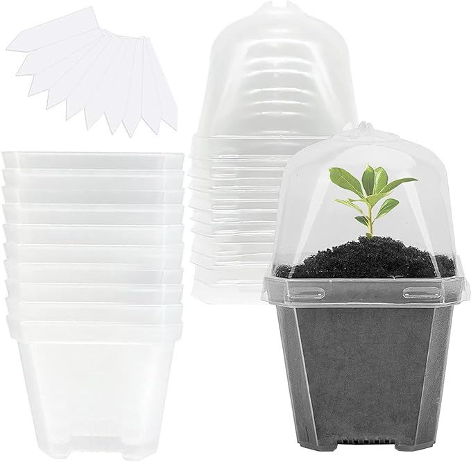 EBaokuup 4" Clear Plant Nursery Pots with Humidity Dome, 10PCS Plastic Gardening Pot Plant Container, Seed Starting Pot with Drain Holes for Seedlings/Vegetables/Succulents/Cuttings