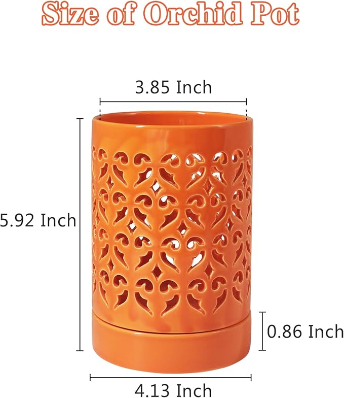 Orchid Pots 4 Inch Ceramic Orchid Pot with Holes, Plant Pot for Repotting, Flower Planter Pot Indoor Outdoor, Breathable Slotted Orchids Planter Orange