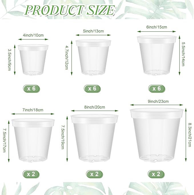Vesici Large Size Clear Nursery Pots Variety Pack Plant Pots with Drainage Holes Planters for Indoor Plants Flexible Transparent Plastic Plant Bottle Succulents(24 Pcs,4/5/6/7/8/9 Inch)