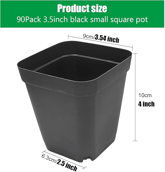 Square Nursery Pots 3.54Inches 90 Pcs Seedling Flower Post Plastic Thick Seed Start Germination for Plant Propagation,Sturdy Suit for 1020 Trays(Black,3.54Inches,90Pcs)