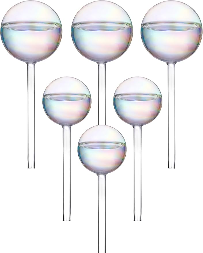 Tomorotec Iridescent Glass Self Watering Globes 6-Pack (3 Large+3 Small), Decorative Hand-Blown Rainbow Glass Watering Bulbs, Automatic Irrigation for Indoor & Outdoor Plants, Easy to Use and Maintain