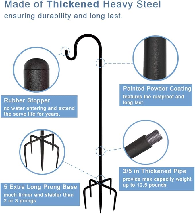 108 inch Outdoor Shepherd Hook with 5 Prong Base (2 Packs), Adjustable Heavy Duty Garden Hanging Stake for Bird Feeder Solar Light Plant Hanger Wedding Decor, Matte Black