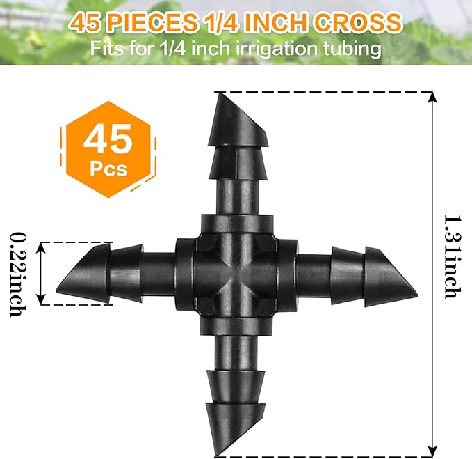 Drip Irrigation Cross Fittings：45 Pieces Barbed 4-Way Cross Irrigation Parts with Sharp End Fits for 1/4 Inch Drip Irrigation Tubing Drip Line Cross Tee Connectors for Garden Lawn