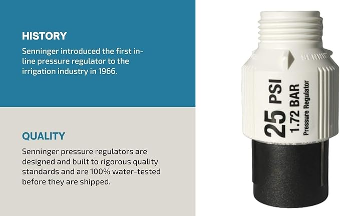 Senninger Pressure Regulator 25 PSI 3/4" Hose Thread Drip Irrigation Pressure Reducer Low Flow Valve - Landscape Grade High Performance White