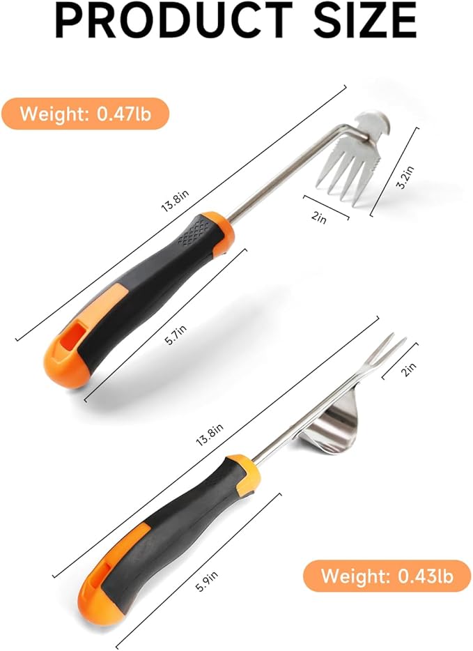 Weed Puller Tool Set with Ergonomics Rubber Anti-Slip Handle - 2 PCS Thickened Steel Hand Weeding Tool, Uprooting Gardening Weeder Tool for Garden, Farm, Corner, and Crevice - Orange