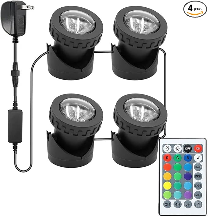 RGB Underwater Pond Lights with Timer, RGB Fountain Lights Underwater Light IP68 Waterproof, Dimmable Outdoor Landscape Lights Fish Tank Pond Fountain Garden, 4 Lights