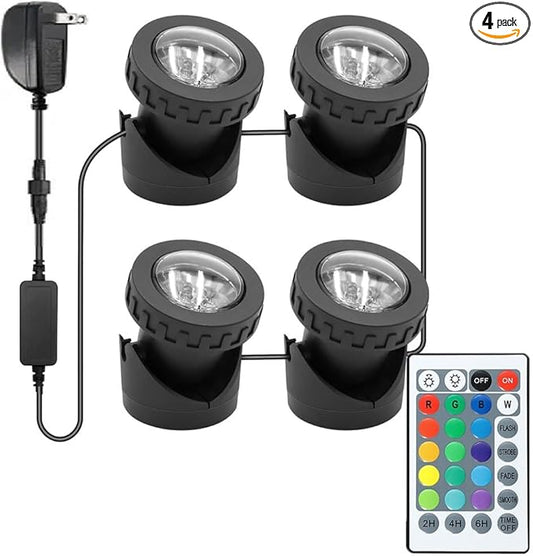 RGB Underwater Pond Lights with Timer, RGB Fountain Lights Underwater Light IP68 Waterproof, Dimmable Outdoor Landscape Lights Fish Tank Pond Fountain Garden, 4 Lights