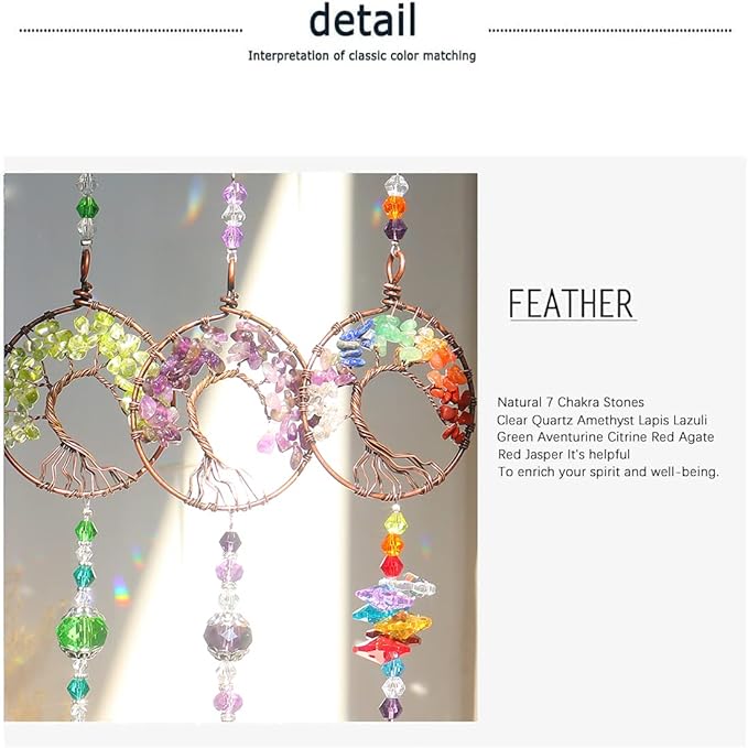 Sun Catcher Crystal Hanging Tree of Life SunCatchers Healing Crystals for Indoor Window, Home Decor, Car Charms Pack of 3