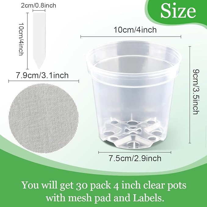 4 Inch Clear Nursery Pots for Plants, Plastic Plant Pot with Drainage Holes, Sturdy Thickened Seed Starter Pots, Small Transparent Seedling Pots with 30 Pcs Plant Labels and Soil Screens, (30 Pack)