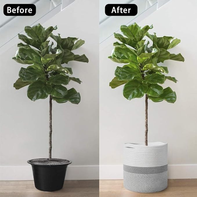 TIMEYARD Woven Cotton Rope Plant Basket for 10" Flower Pot Floor Indoor Planters, 11” x 11” Storage Basket Organizer Modern Home Decor, Grey and White Stripes