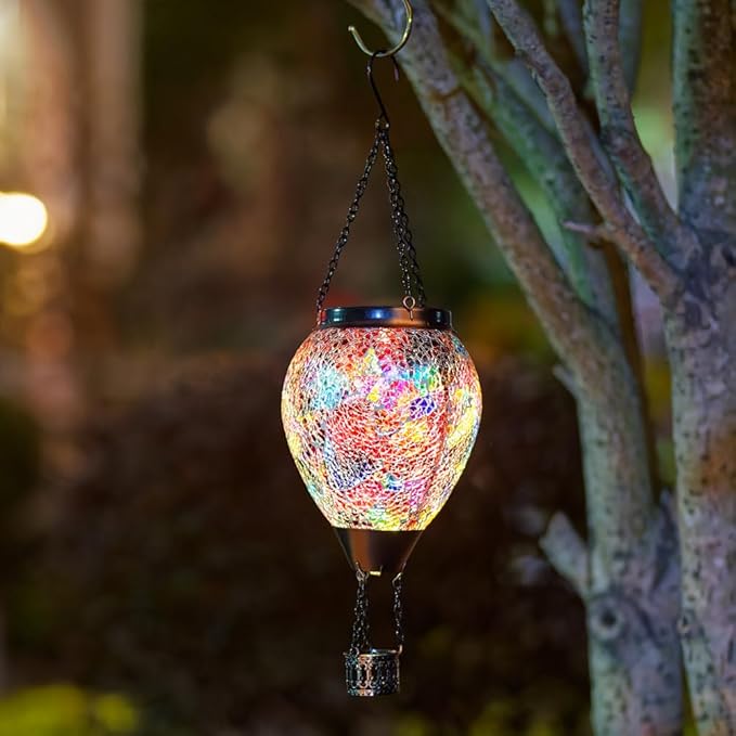 DREAMSOUL Mosaic Hot Air Balloon Solar Lantern with LED Light, Hanging Glass Solar Lanterns Outdoor Waterproof for Garden Patio Porch Decor