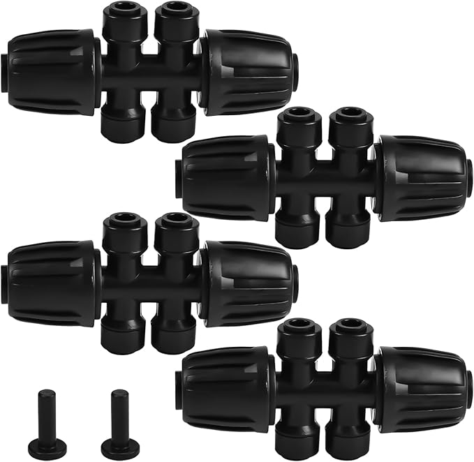 Haolake1/2'' to 1/4'' Barbed Tee Quick Connector, 4PCS Drip Irrigation Kits,Anti-Leak Locked Splitter Fitting for Irrigation Tubing 6-Way Connector and 2 Plugs