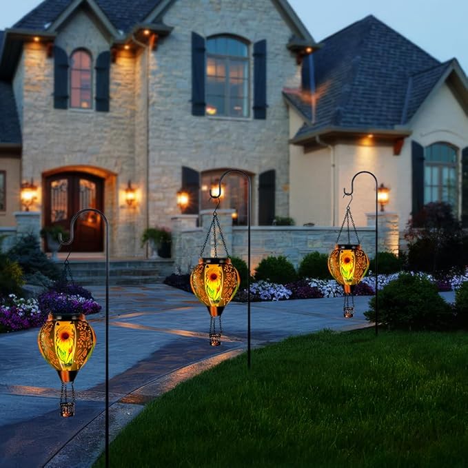Starsoul Sunflowers Hot Air Balloon Solar Lantern Metal & Glass Solar Hot Air Balloon Hanging Garden Light Waterproof Outdoor Lantern for Patio Yard Party Decorations