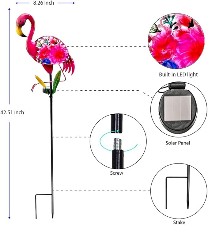Solar Garden Lights, Glass & Metal Flamingo Solar Garden Decor Solar Pathway Lights Solar Garden Stakes Decorative Yard Art Yard Decor Waterproof for Patio Lawn Courtyard