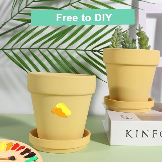 vensovo 4 Inch Small Yellow Terracotta Plant Pots with Saucer - 6 Pack Clay Flowerpots with Drainage, Great for Indoor Outdoor Plants, Crafts, Wedding Favor