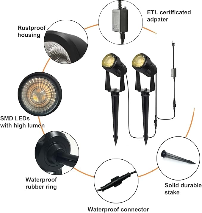 SUNTHIN Outdoor Landscape Lighting, 8 Pack LED Spot Lights Kit for Garden, Yard, House, Lawn, Tree, Flags, Fence Use, Warm White, IP65 Waterproof
