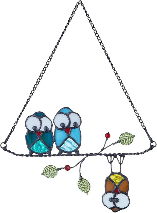 Stained Glass Birds,owl,Stained Glass Window Hanging,Multicolor Owls on The Living Tree with Green Leaf and red Berries,Bird suncatcher for Windows Room Home,Bird Deco,Gift for Mom,and Bird Lovers.