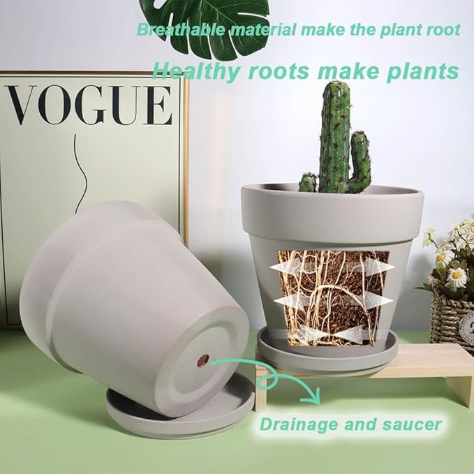 vensovo 6 Inch Grey Terracotta & Clay Pots for Plant with Saucer - 4 Pack Medium Terra Cotta Planter with Drainage Hole, Flowerpot for Indoor Outdoor Plants, Crafts, Wedding Favor