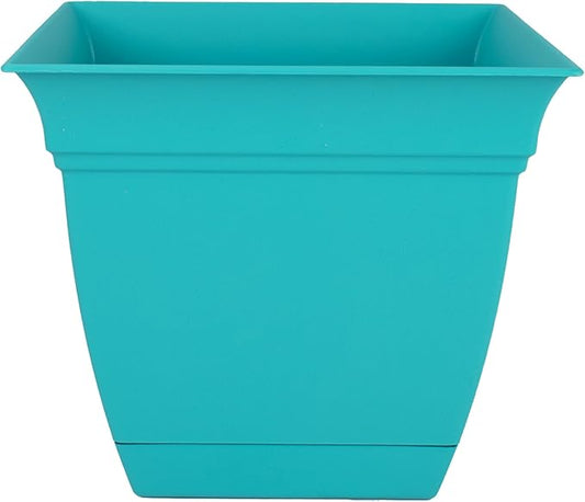 The HC Companies 8 Inch Eclipse Square Planter with Saucer – Indoor Outdoor Plant Pot for Flowers Vegetables Herbs, Teal