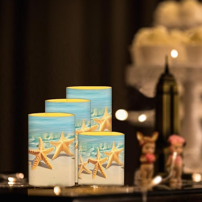 Flameless Candles Battery Powered LED Candle with Remote Timer Color Changing Control Set of 4 for Indoor Outdoor Beach Wedding Coastal Home Decorations, Beach Starfish Blue Sea