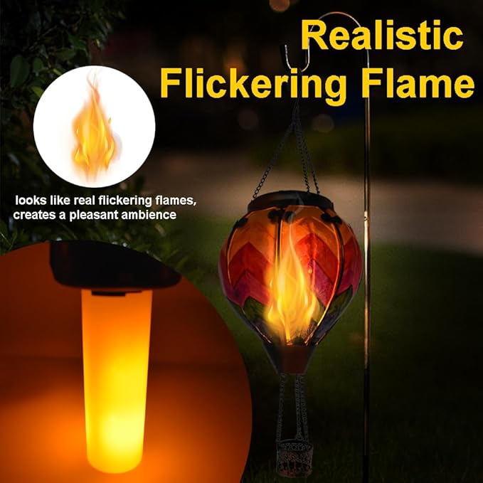 2PCS Solar Hot Air Balloon Lanterns with Flame with Shepherd's Hooks, Glass Hanging Flickering Lights Outdoor Waterproof for Garden Tree Yard Patio Mother's Day Gift, 18" H Wavy-Colorful