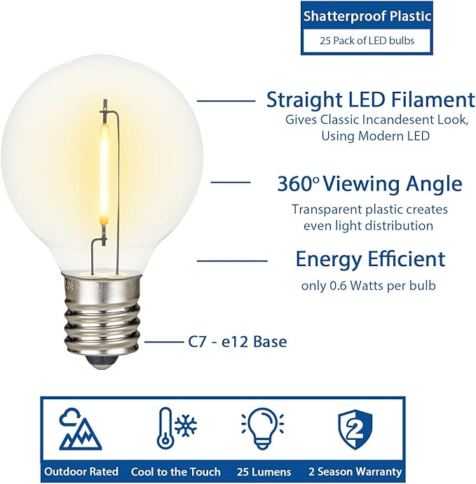 Novelty Lights 50 Feet G40 LED Patio String Lights with 50 Bulbs, Warm White, Weather Resistant and Shatterproof Replaceable Plastic Globe Bulbs, Brown Wire