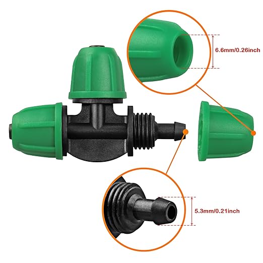 Drip Irrigation Fittings Kit for 1/4" Tubing, 65 Pcs Drip Line Lock Barbed Connectors for Drip Systems - 18 Couplings, 15 Tees, 12 End Caps,1 0 Elbows, 5 Cross Connectors, 5 Misters Nozzles